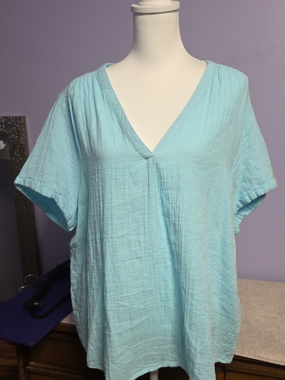 Light Blue V-Neck Gauze Top
